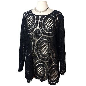 Cato Woman Plus Lace Top 18/20W Black Crochet Overlay Chic Preppy Layering Y2K